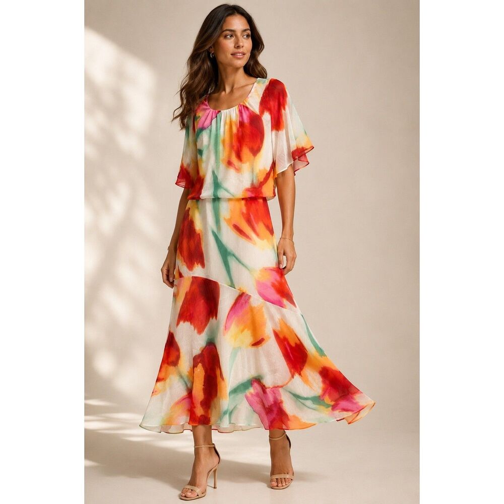 Maggy London Women Dress 10 Cream Coral Polyester Floral Popover Midi Flutter